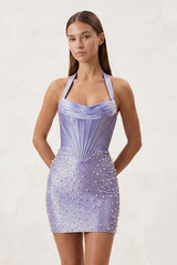 Halter Sheath Corset Satin Homecoming Dress With Pearl