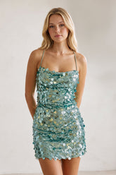 Mint Green Sparkly Spaghetti Straps Sequin Sheath Homecoming Dress