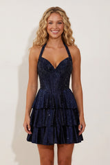 Navy Blue Halter Ruffled A-Line Corset Homecoming Dress With Beading