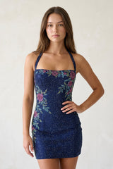 Navy Blue Sheath Halter Floral Homecoming Dress With Beading