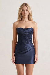 Navy Strapless Appliqued Sheath Satin Corset Homecoming Dress