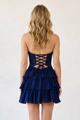 Navy Blue Sweetheart Cut-Out Ruffled A-Line Satin Beaded Homecoming Dress