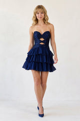 Navy Blue Sweetheart Cut-Out Ruffled A-Line Satin Beaded Homecoming Dress
