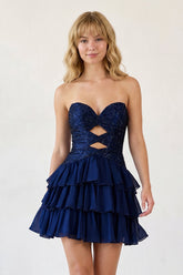 Navy Blue Sweetheart Cut-Out Ruffled A-Line Satin Beaded Homecoming Dress