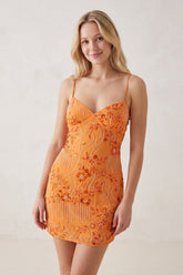 Orange Spaghetti Straps Sheath Embroidered Tulle Homecoming Dress