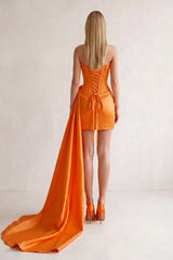 Orange Sweetheart Satin Corset 3D Flower Homecoming Dress With Ribbon