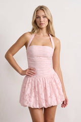 Pink Halter Jacquard Chiffon A-Line Homecoming Dress