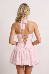 Pink Halter Jacquard Chiffon A-Line Homecoming Dress