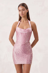 Halter Sheath Corset Satin Homecoming Dress With Pearl