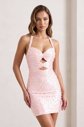 Pink Halter Sheath Cut-Out Mini Satin Homecoming Dress With Pearl