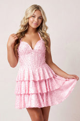Pink Halter Tiered Satin A-Line Corset Homecoming Dress With Pearl