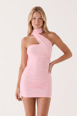 Pink Halter Tulle Sheath Ruched Homecoming Dress With Lace-Up Back
