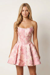 Pink Jacquard A-Line Strapless Corset Homecoming Dress With Pearl
