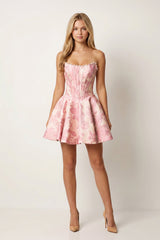 Pink Jacquard A-Line Strapless Corset Homecoming Dress With Pearl