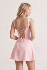 Pink Lace Sweetheart A-Line Satin Homecoming Dress With Lace-Up Back