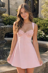 Pink Lace Sweetheart A-Line Satin Homecoming Dress With Lace-Up Back