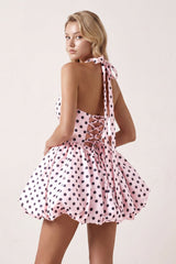 Pink Polka Dots Halter Satin Bubble Hem A-Line Homecoming Dress