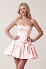 Hot Pink Rhinestones Sweetheart Ruched A-Line Homecoming Dress With Bow