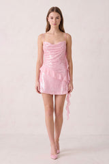 Pink Spaghetti Straps Sequin Ruched Ruffled Sheath Homecoming Dress