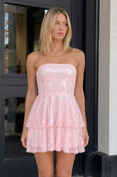Pink Strapless Sequined A-Line Tiered Tulle Homecoming Dress