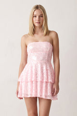 Pink Strapless Sequined A-Line Tiered Tulle Homecoming Dress
