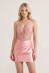 Pink Sweetheart Sheath Satin Corset Ruched Homecoming Dress With Beading