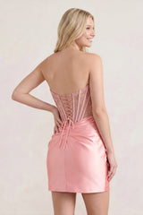 Pink Sweetheart Sheath Satin Corset Ruched Homecoming Dress With Beading