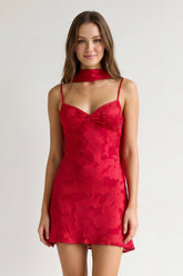 Red Jacquard Chiffon Cami Straps Sheath Homecoming Dress with Scarf