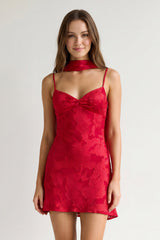 Red Jacquard Chiffon Cami Straps Sheath Homecoming Dress with Scarf