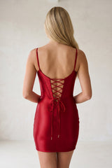 Red Spaghetti Straps Sheath Satin Corset Ruched Homecoming Dress
