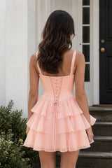 Rose Pink Square Neck Tiered A-Line Corset Satin Homecoming Dress With Pearl