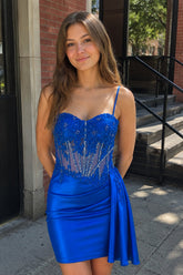 Royal Blue Cami Straps Sheath Satin Corset Appliqued Homecoming Dress