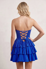 Royal Blue Glitter Beaded A-Line Ruffled Corset Satin Homecoming Dress