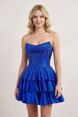 Royal Blue Glitter Beaded A-Line Ruffled Corset Satin Homecoming Dress
