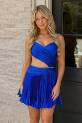 Royal Blue Spaghetti Straps Cut-Out Pleated A-Line Satin Homecoming Dress with Beading