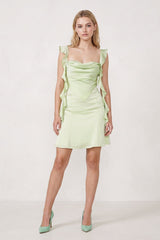 Sage Ruffled Sheath Square Neck Satin Ruched Homecoming Dress