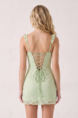 Sage Sweetheart Lace Sheath Mini Homecoming Dress with Lace-Up Back