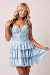 Pink Halter Tiered Satin A-Line Corset Homecoming Dress With Pearl