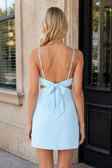 Sky Blue Spaghetti Straps Sheath Linen Homecoming Dress With Back Bow