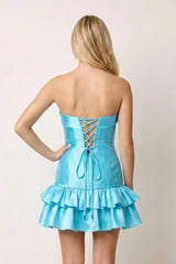 Turquoise Ruffled Strapless Tiered A-Line Satin Homecoming Dress