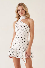 White Ruffled A-Line Chiffon Polka Dot Homecoming Dress With Bow