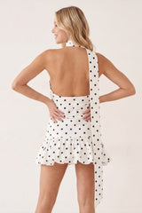 White Ruffled A-Line Chiffon Polka Dot Homecoming Dress With Bow