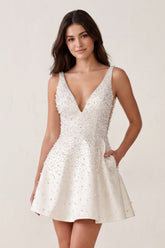 V-Neck A-Line Satin Homecoming Dress With Pearl