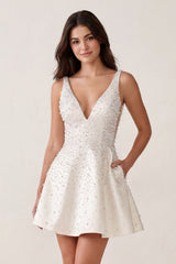 V-Neck A-Line Satin Homecoming Dress With Pearl