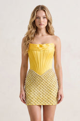 Yellow Corset Strapless Sheath Satin Homecoming Dress With Pearl