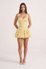 Yellow Halter A-Line Satin Polka Dots Bubble Hem Homecoming Dress