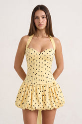 Yellow Halter A-Line Satin Polka Dots Bubble Hem Homecoming Dress