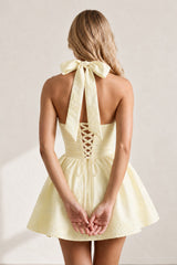 Yellow Halter Jacquard Ruched A-Line Homecoming Dress