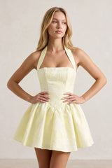Yellow Halter Jacquard Ruched A-Line Homecoming Dress