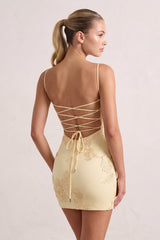 Yellow Spaghetti Straps Sheath Homecoming Dress With Floral Embroidery